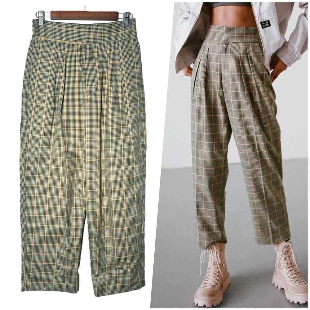 Urban Outfitters Green Plaid High-Waist Pleated Pants